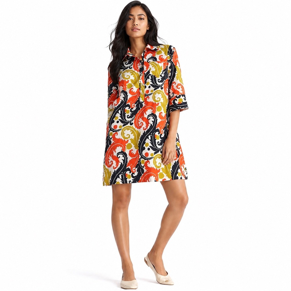 Milly Shift Tunic Dress Silk Orange Paisley Retro Resort Coastal Mod Womens 6